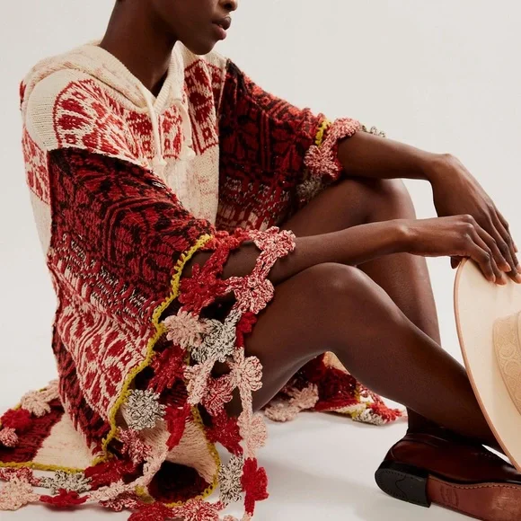 Free People Craft Poncho Sweater Hooded Drawstring Gardenia Spice Combo - Picture 4 of 6